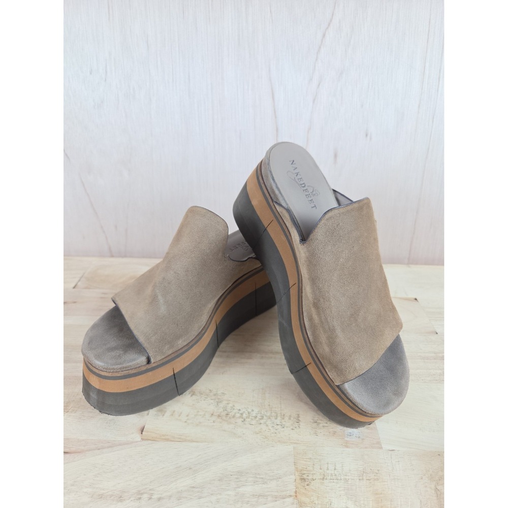 Naked Feet Flow Platform Sandals Womens 7.5 Brown Suede Wedge Mules 10205